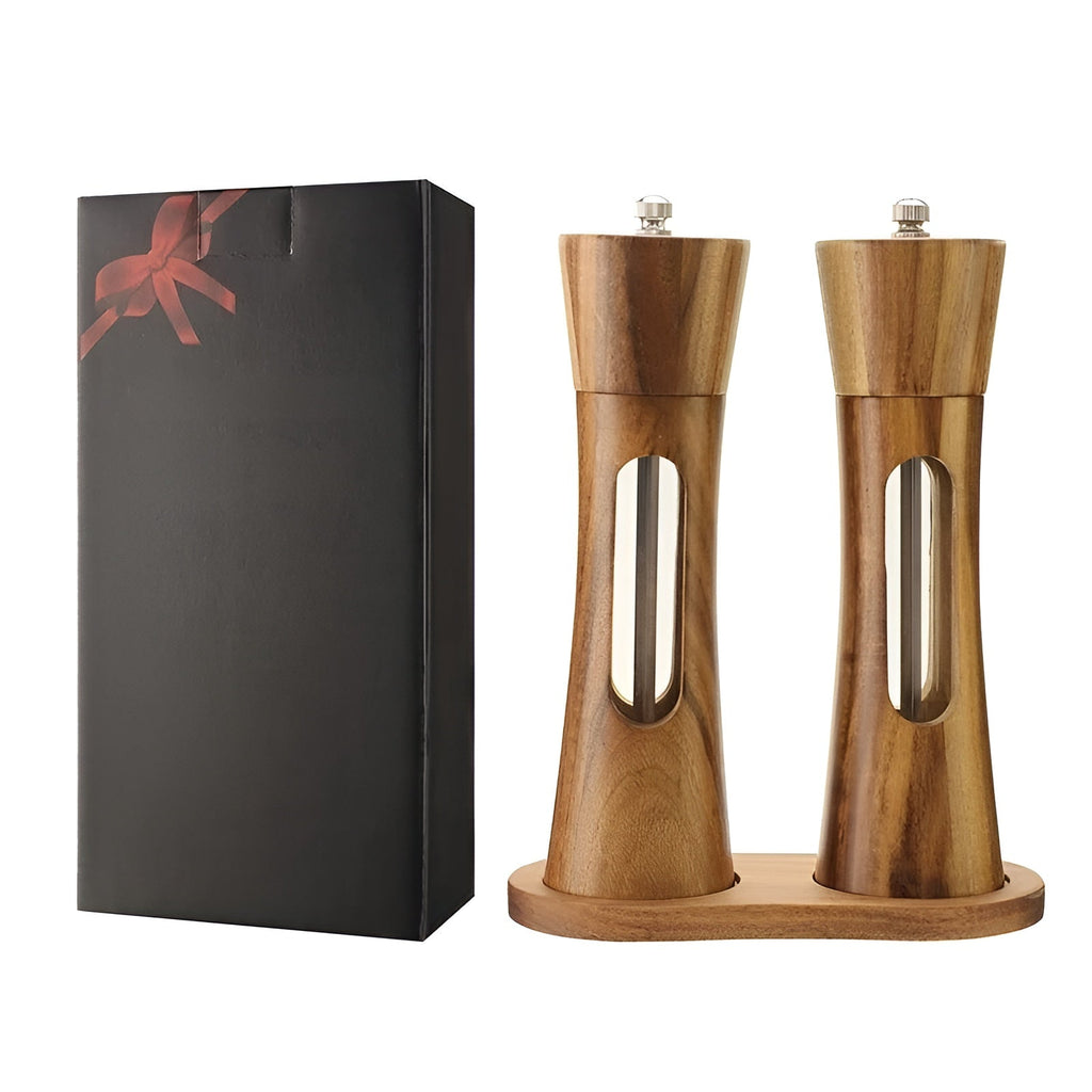 Set manual SpiceCraft de râșnițe pentru sare și piper – Niveluri de măcinare reglabile, fereastră din acril, design din lemn