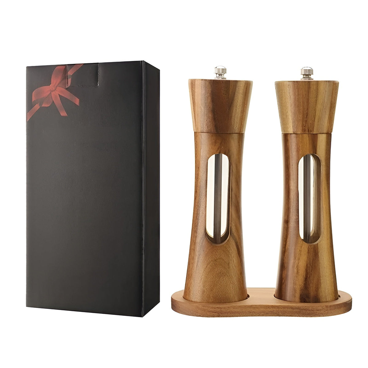 Set manual SpiceCraft de râșnițe pentru sare și piper – Niveluri de măcinare reglabile, fereastră din acril, design din lemn