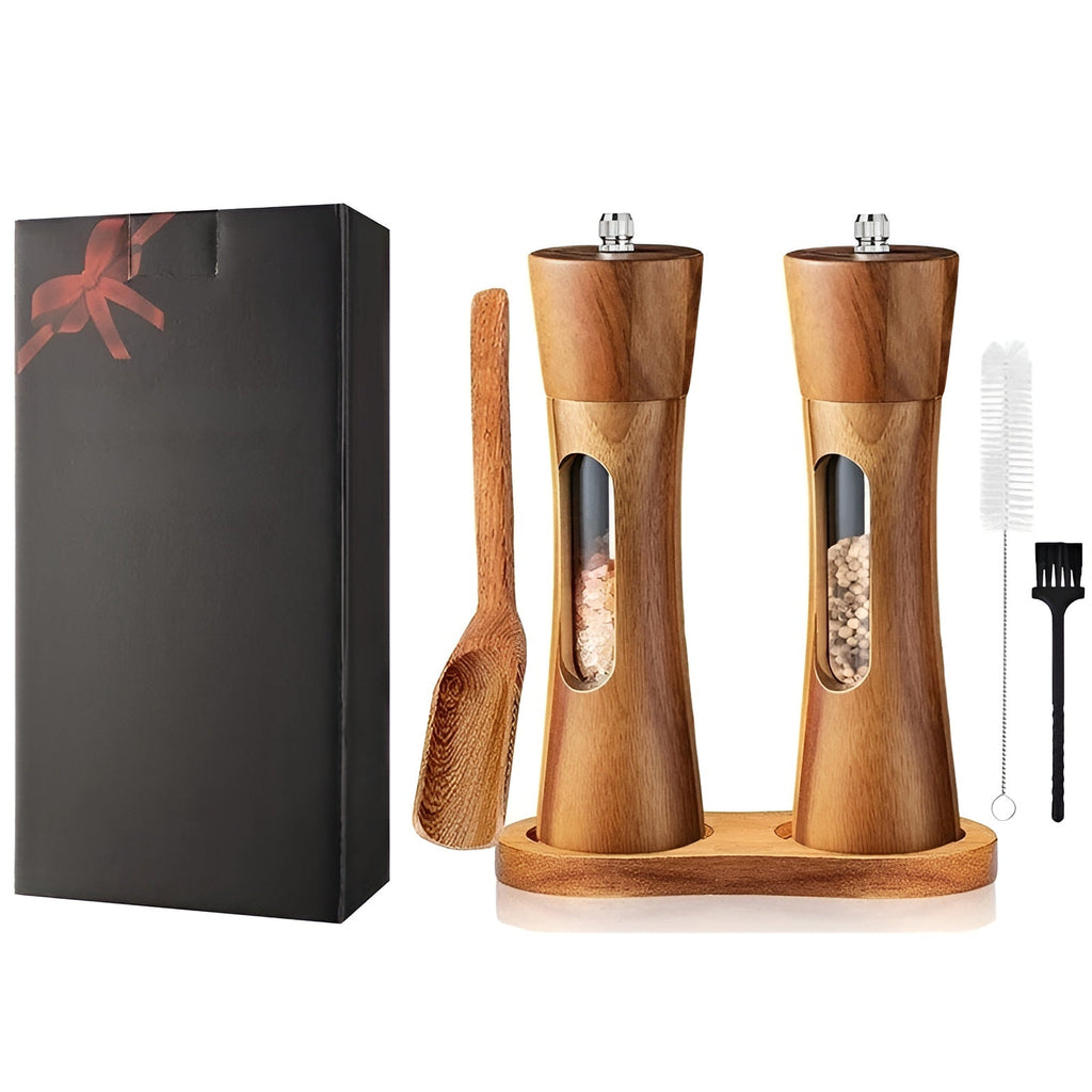 Set manual SpiceCraft de râșnițe pentru sare și piper – Niveluri de măcinare reglabile, fereastră din acril, design din lemn