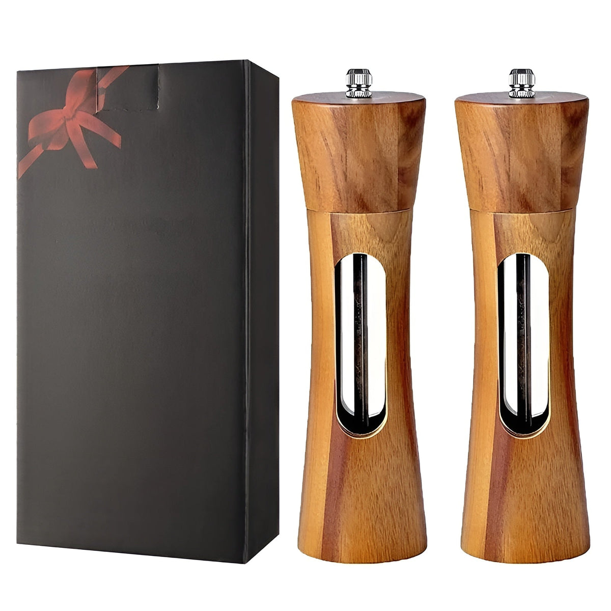 Set manual SpiceCraft de râșnițe pentru sare și piper – Niveluri de măcinare reglabile, fereastră din acril, design din lemn