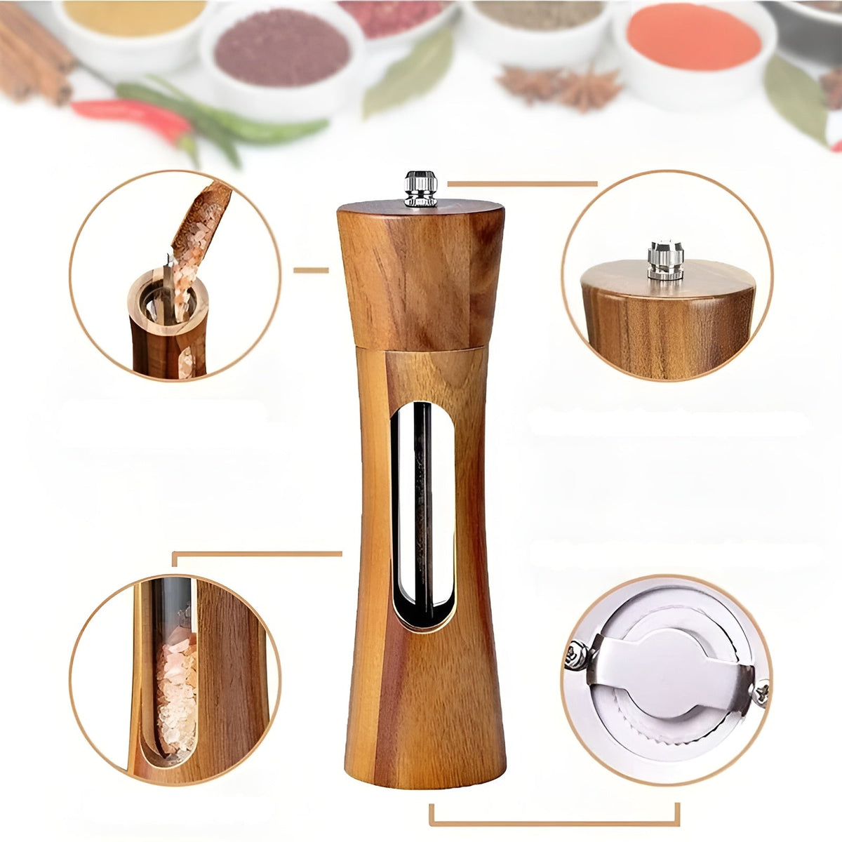 Set manual SpiceCraft de râșnițe pentru sare și piper – Niveluri de măcinare reglabile, fereastră din acril, design din lemn