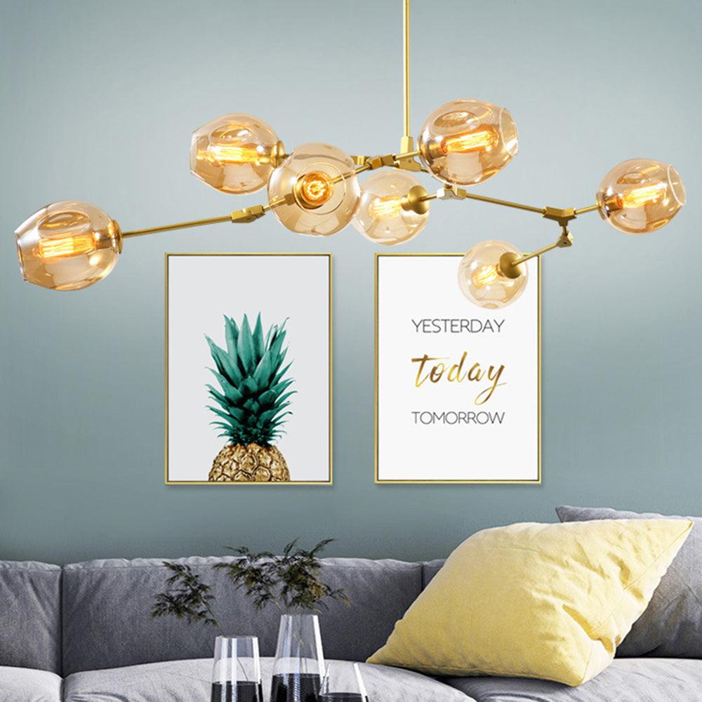 Żyrandol ze szklanymi kloszami w kształcie rozgałęzionych baniek, w stylu mid-century, z regulowanymi ramionami, do salonu | boxzora