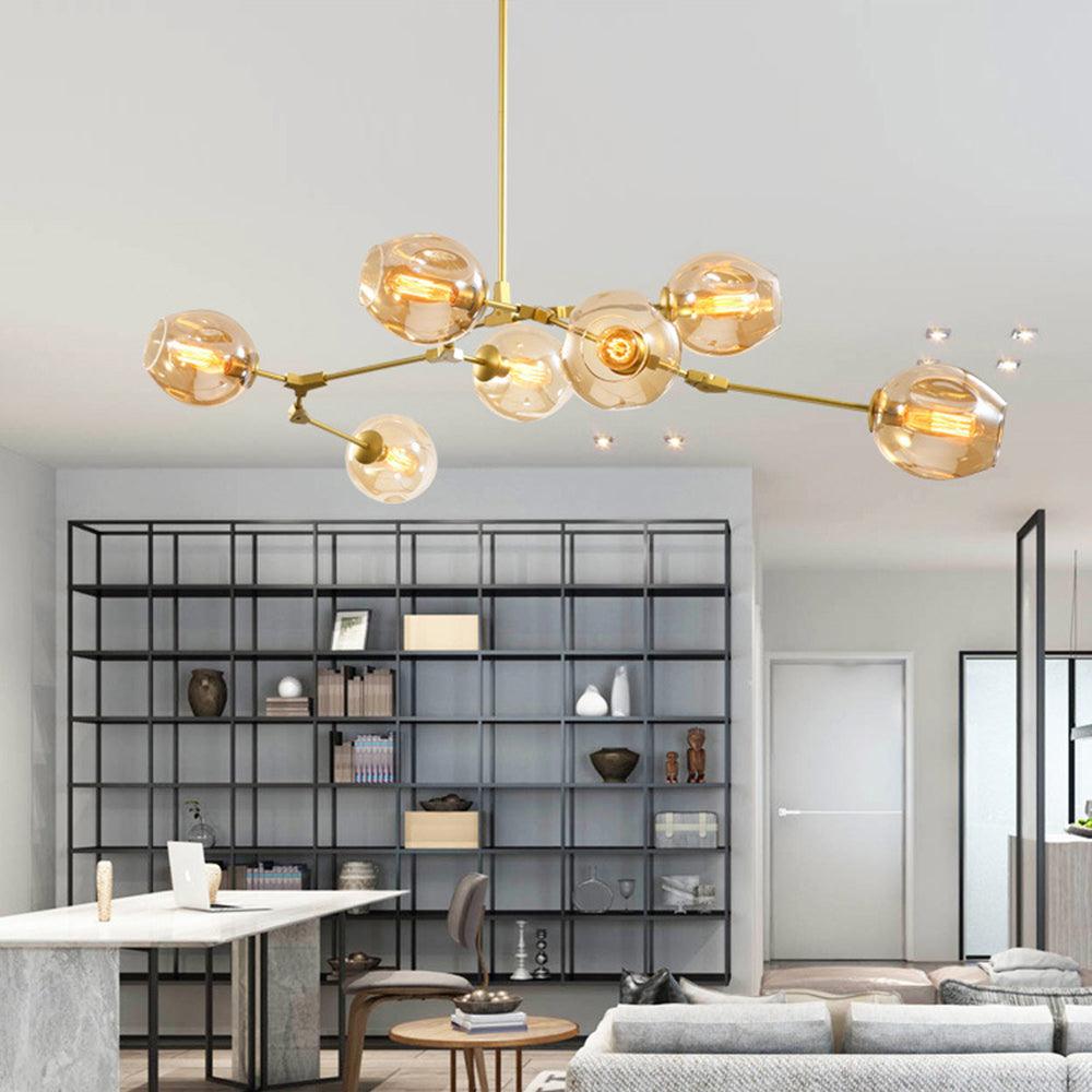 Żyrandol ze szklanymi kloszami w kształcie rozgałęzionych baniek, w stylu mid-century, z regulowanymi ramionami, do salonu | boxzora