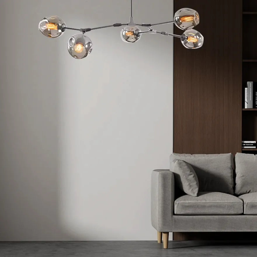 Żyrandol ze szklanymi kloszami w kształcie rozgałęzionych baniek, w stylu mid-century, z regulowanymi ramionami, do salonu | boxzora