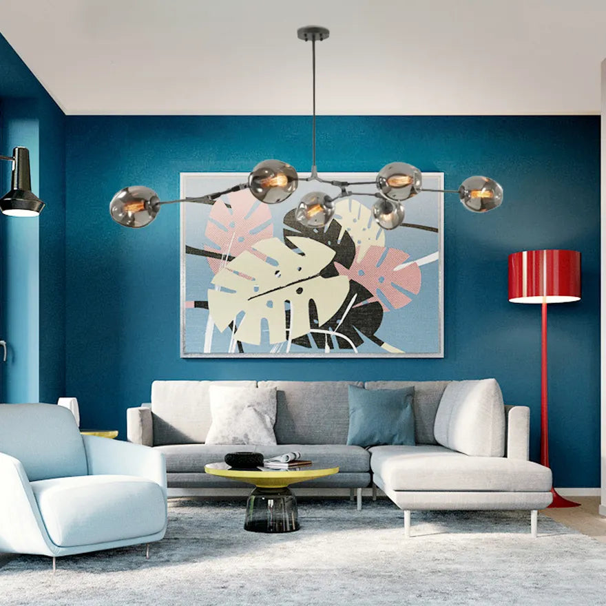 Żyrandol ze szklanymi kloszami w kształcie rozgałęzionych baniek, w stylu mid-century, z regulowanymi ramionami, do salonu | boxzora