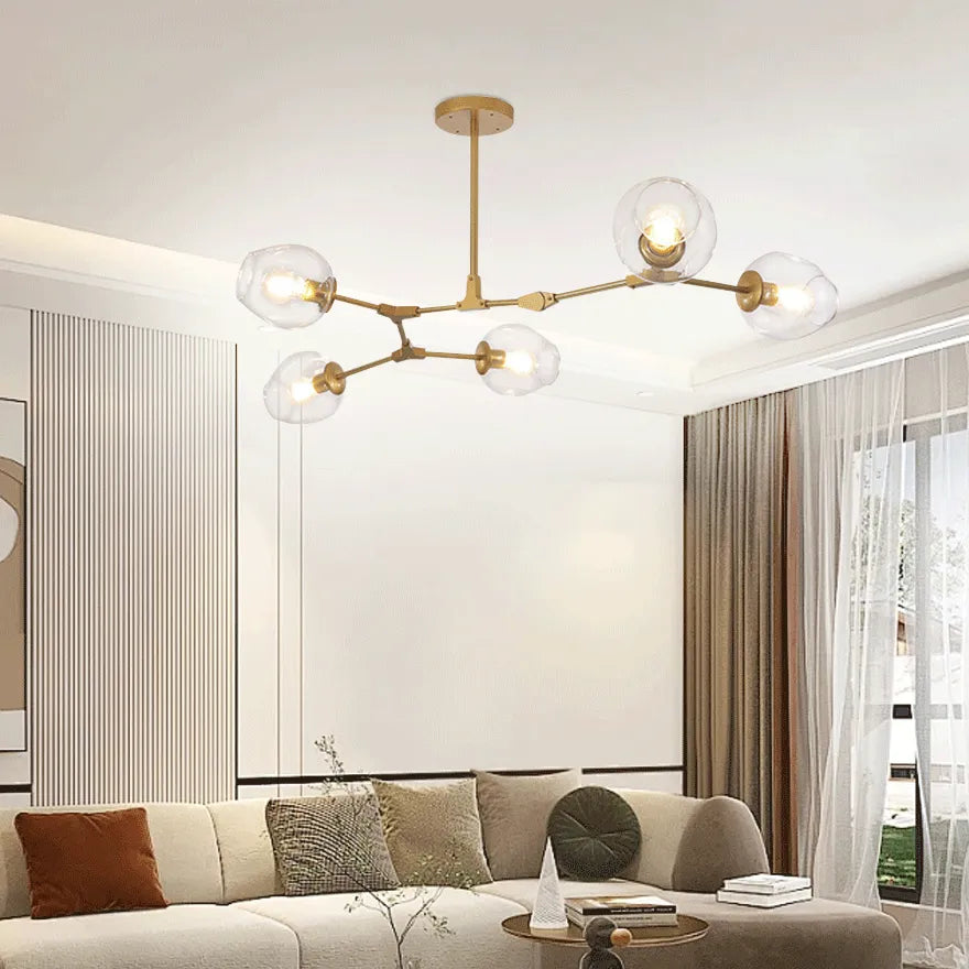 Żyrandol ze szklanymi kloszami w kształcie rozgałęzionych baniek, w stylu mid-century, z regulowanymi ramionami, do salonu | boxzora
