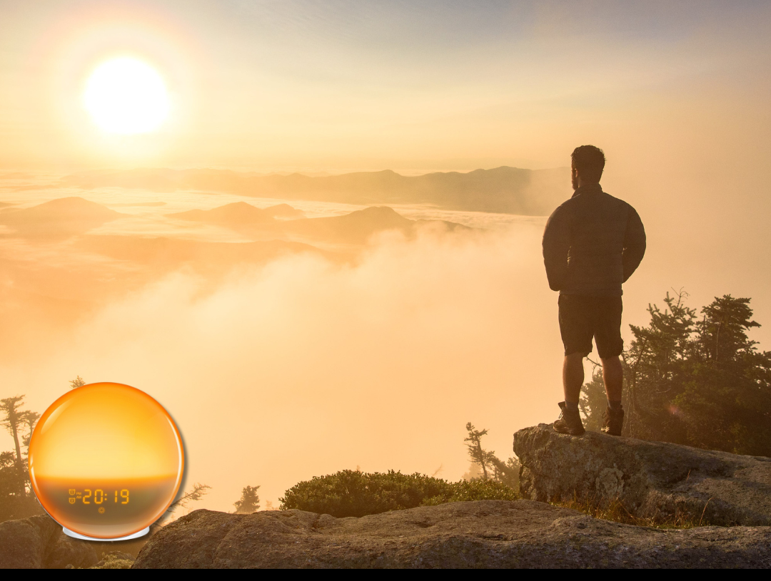 Despertador GlowRise com simulação do nascer e do pôr do sol — luz natural para acordar