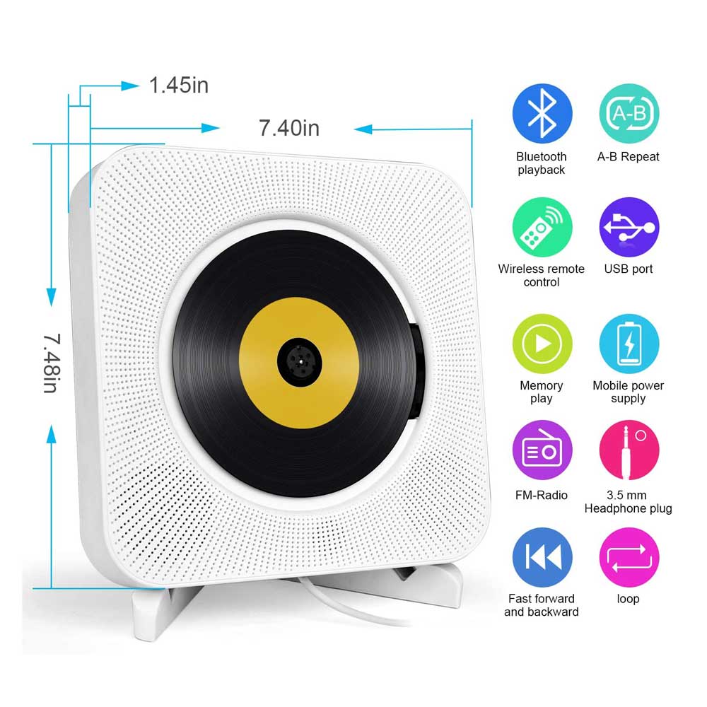 Przenośny odtwarzacz CD — dźwięk Bluetooth, wejście USB, radio FM, biały