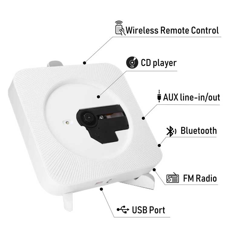 Przenośny odtwarzacz CD — dźwięk Bluetooth, wejście USB, radio FM, biały