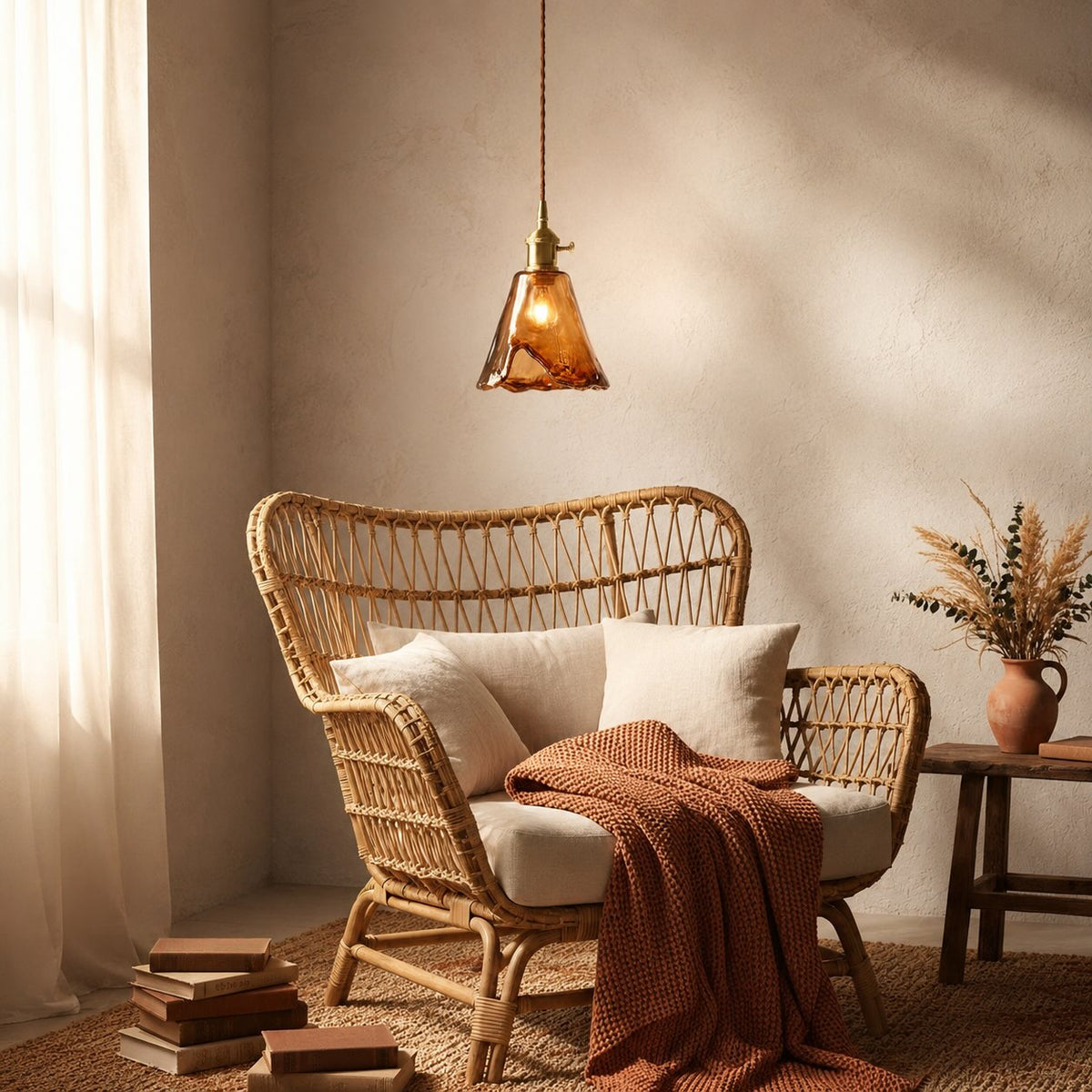 Lampada a sospensione vintage in ottone — Cavo regolabile, paralume in vetro ambrato