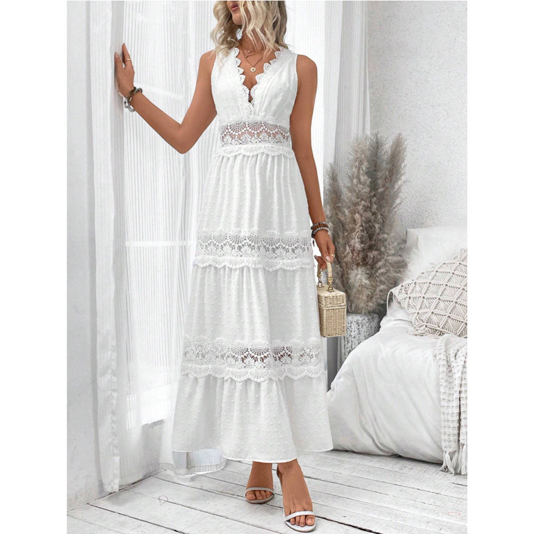 Robe sans manches pour femme à col en V avec dentelle cousue