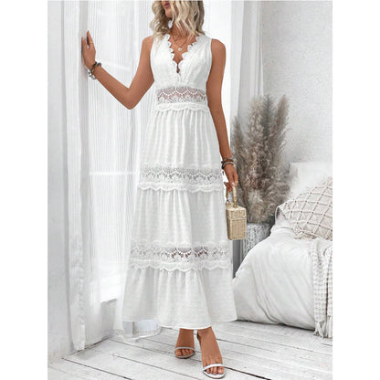 Robe sans manches pour femme à col en V avec dentelle cousue
