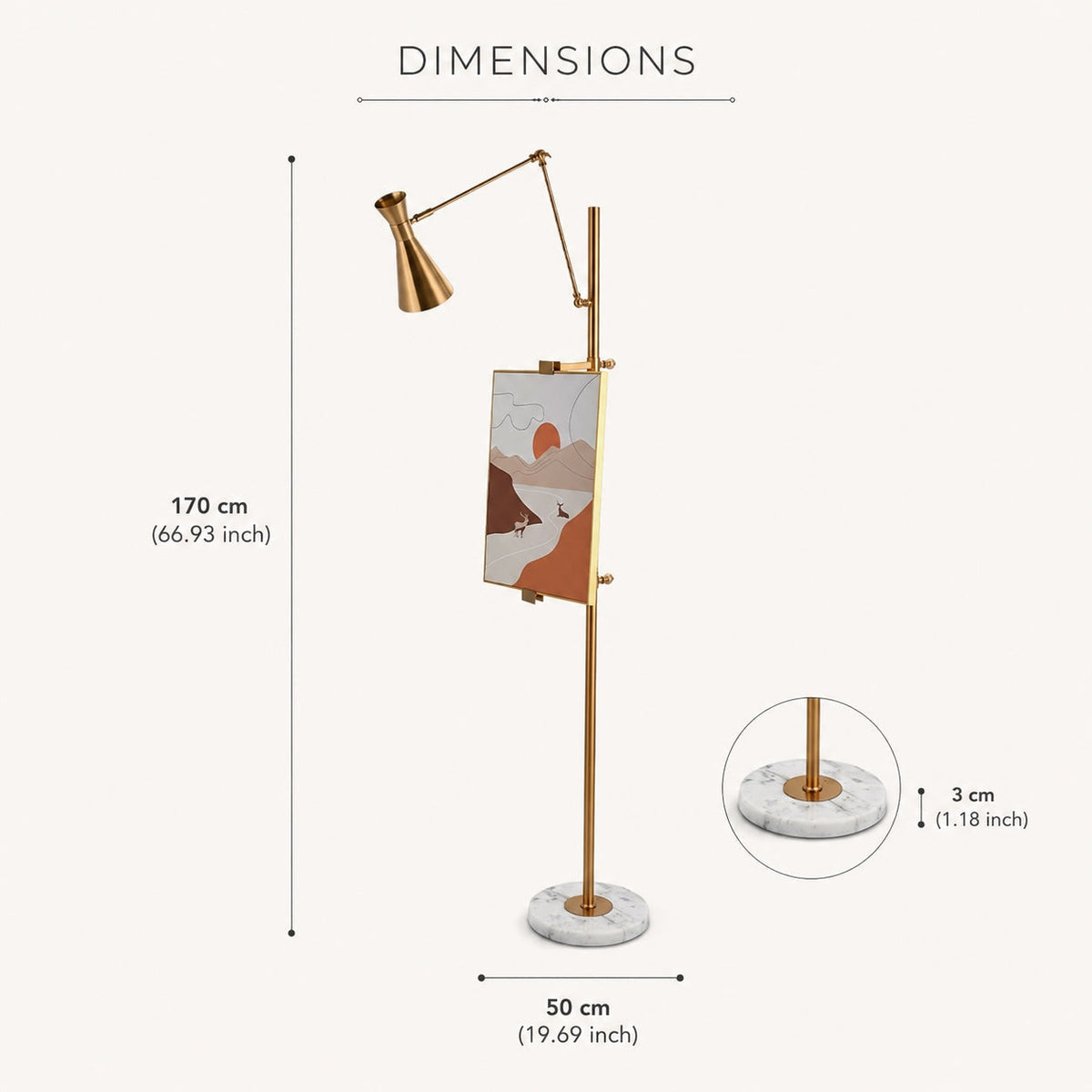 Modern Floor Lamp — Adjustable Height, Gold Metal Finish, White Marble Base