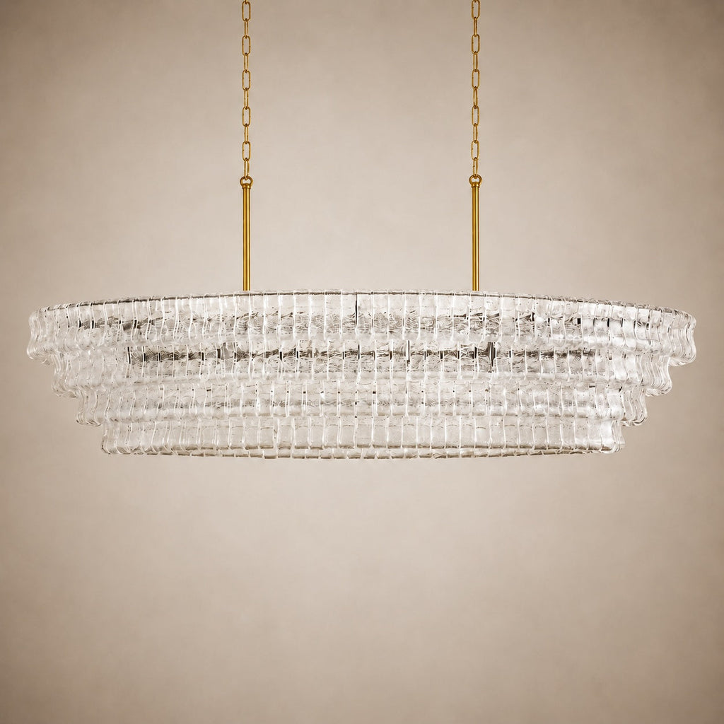 Modern oval takkrona — justerbar sänkhöjd, stålram och böjt glas, alternativ med 5 eller 12 glödlampor