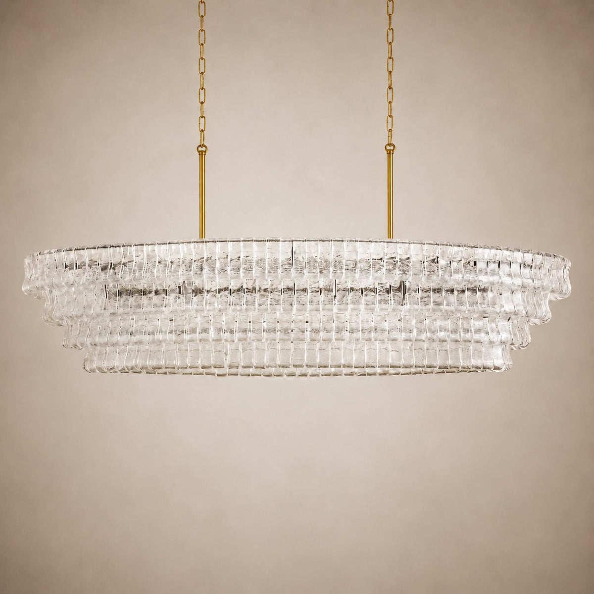 Modern oval takkrona — justerbar sänkhöjd, stålram och böjt glas, alternativ med 5 eller 12 glödlampor