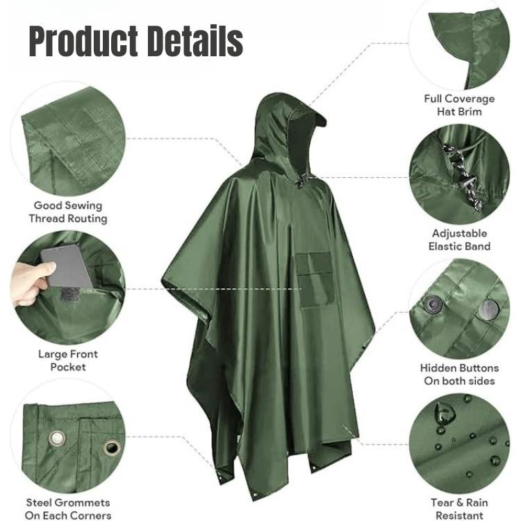 Waterdichte poncho voor alle terreinen — opvouwbaar, lichtgewicht, knielengte
