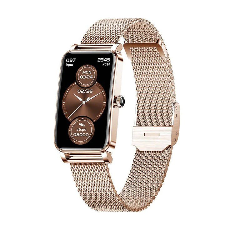 Smartwatch — monitorização elegante da saúde, conectividade contínua, design feminino