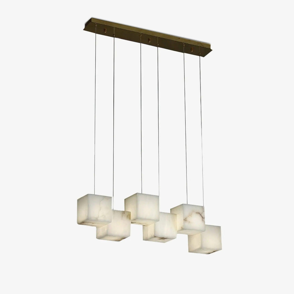 Kubusvormige hanglamp van marmer en messing met meerdere lichtpunten voor de eetkamer | boxzora