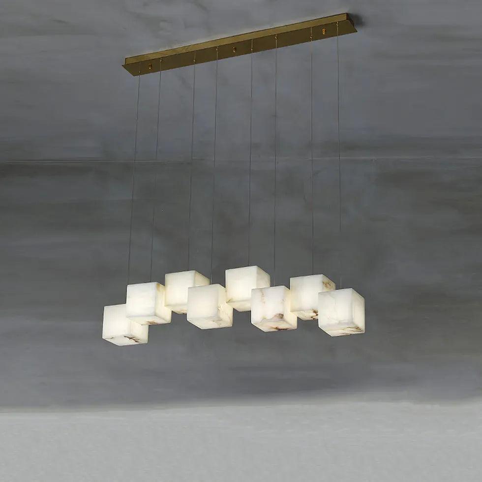 Kubusvormige hanglamp van marmer en messing met meerdere lichtpunten voor de eetkamer | boxzora