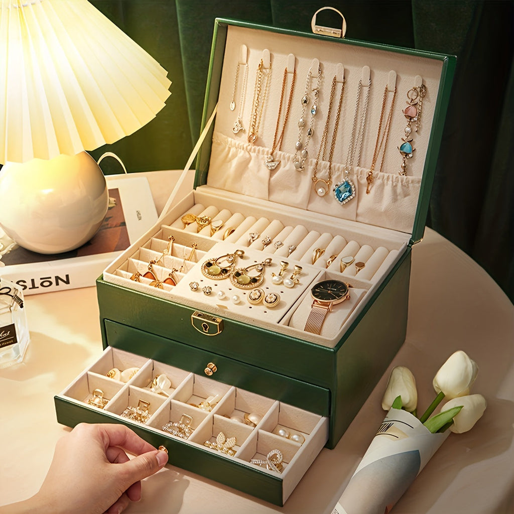 Cutie premium din piele pentru organizarea bijuteriilor — compartimente cu sertare multiple