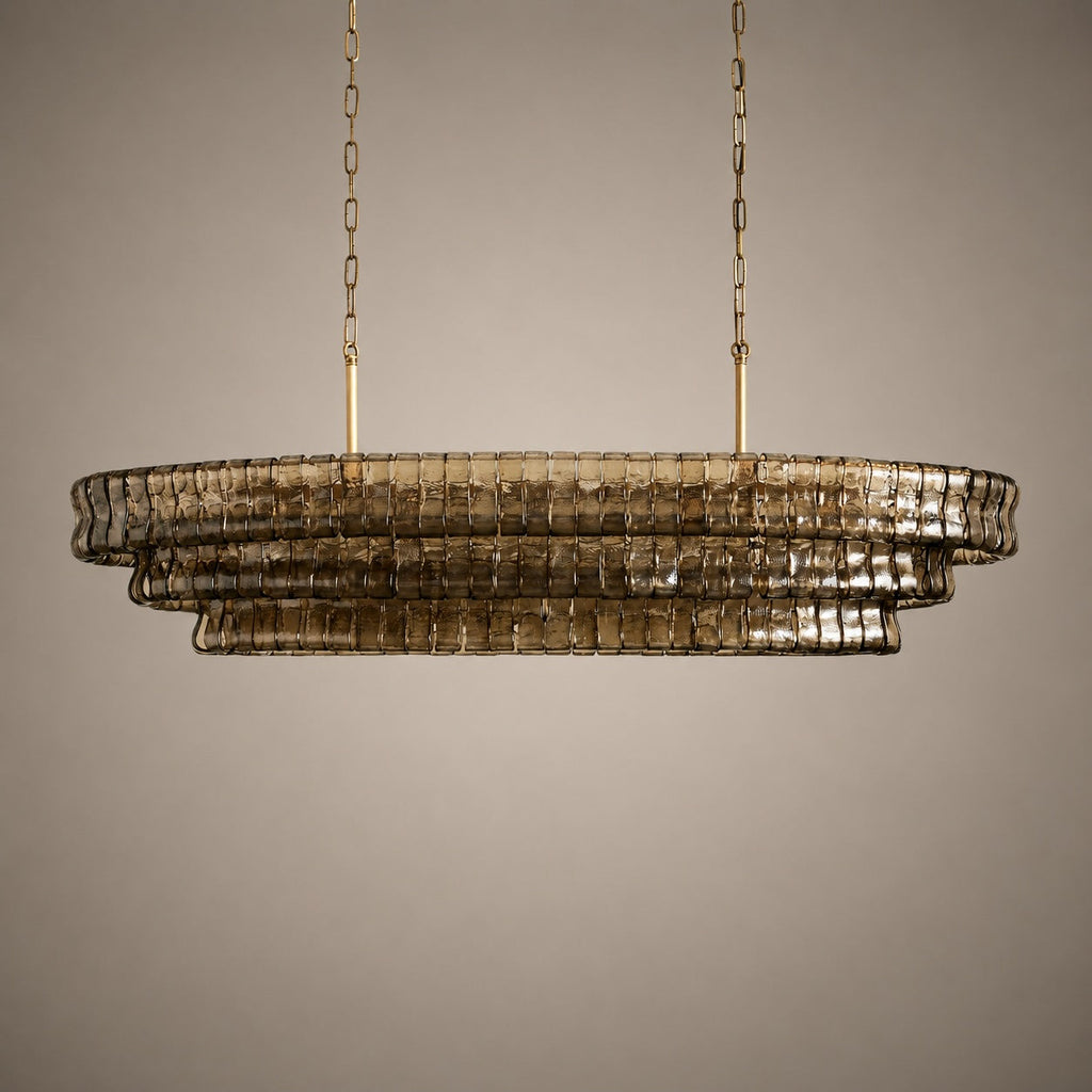 Modern oval takkrona — justerbar sänkhöjd, stålram och böjt glas, alternativ med 5 eller 12 glödlampor
