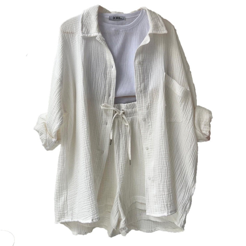 Ensemble Femme Été 2 Pièces – Chemise Plissée & Short Taille Haute