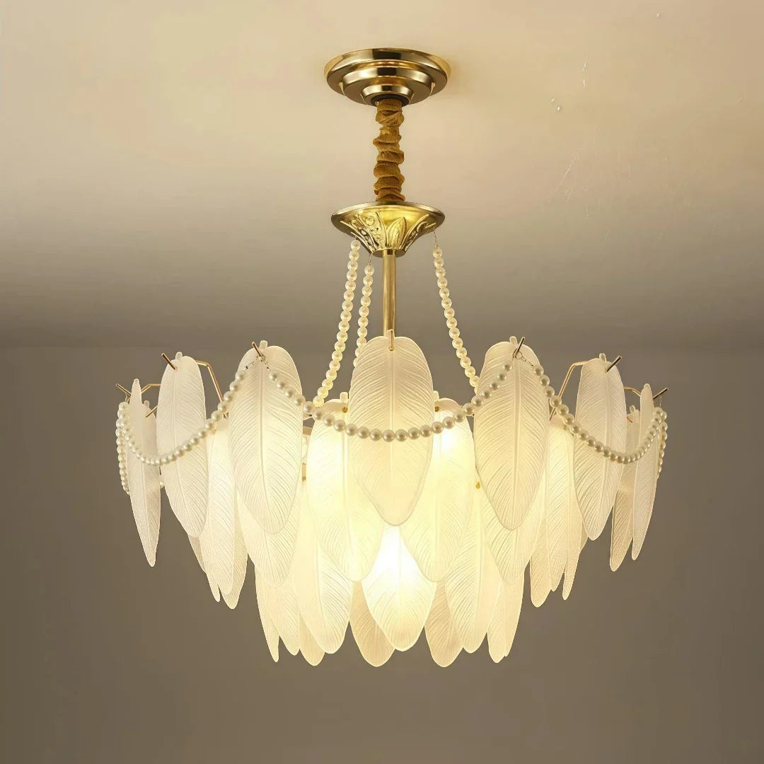 Candelabru de lux cu pene albe și cristale, cu LED reglabil, pentru living | boxzora
