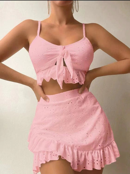 Ensemble Maillot Plage – Haut à nœud + Jupe volantée