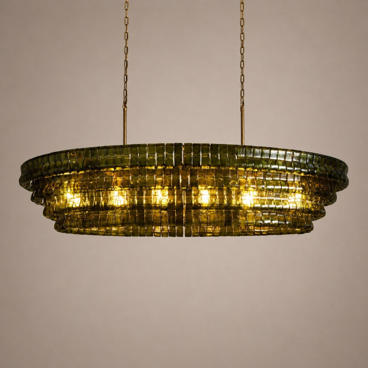Modern oval takkrona — justerbar sänkhöjd, stålram och böjt glas, alternativ med 5 eller 12 glödlampor