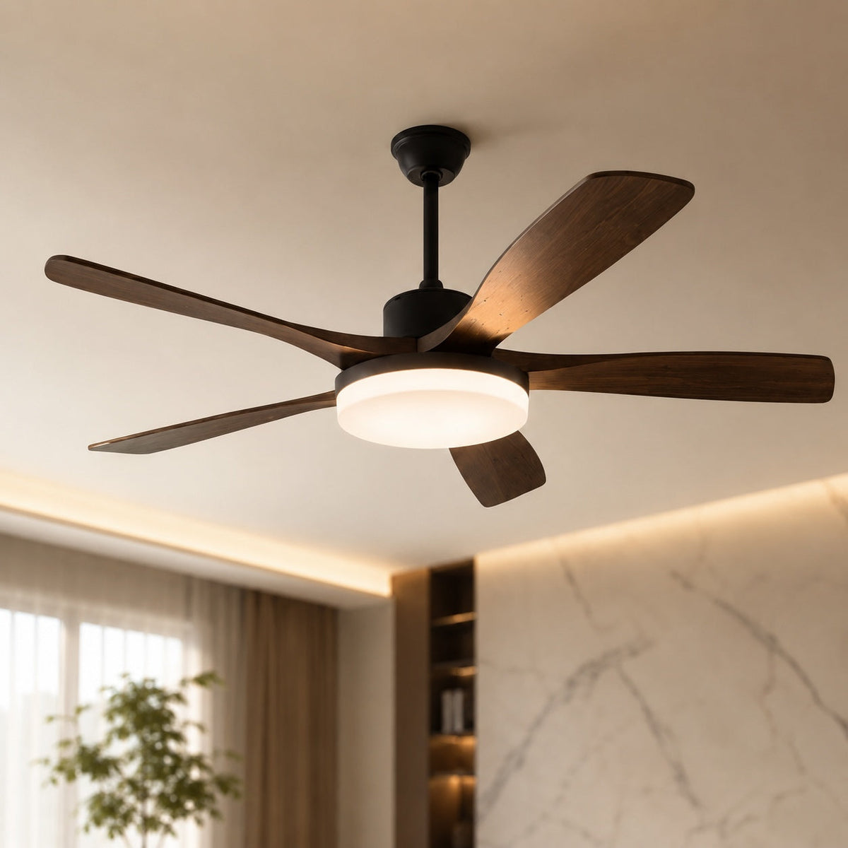 Moderne Deckenleuchte mit Deckenventilator und 5 Flügeln zur direkten Montage - Metallrahmen, einstellbare LED, Fernbedienung