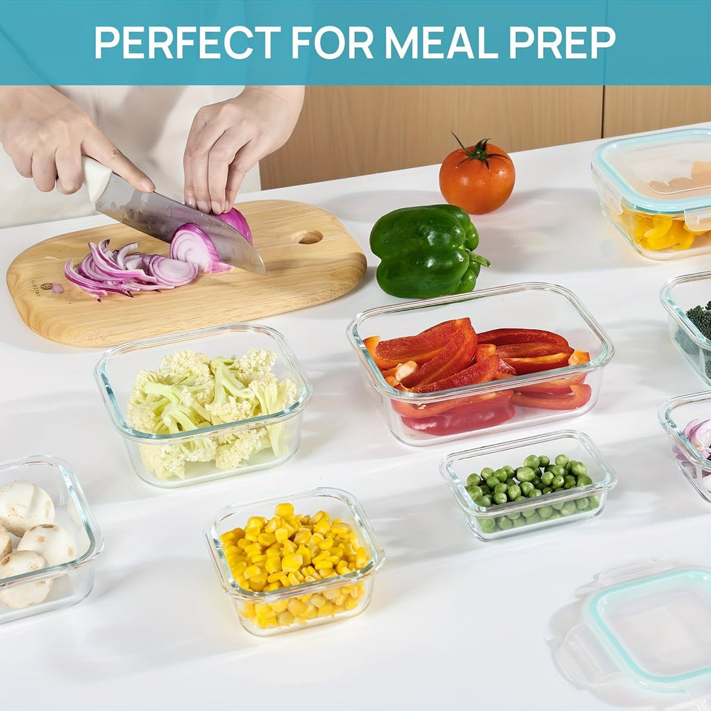 Set de 8 recipientes de vidrio para guardar alimentos — Cajas bento herméticas, tapas con cierre a prueba de fugas, aptos para horno, congelador, microondas y lavavajillas, sin BPA