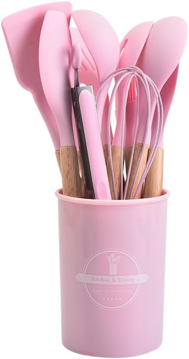 Silicone Kitchen Utensil Set – Heat Resistant, Nonstick Safe, Wooden Handles