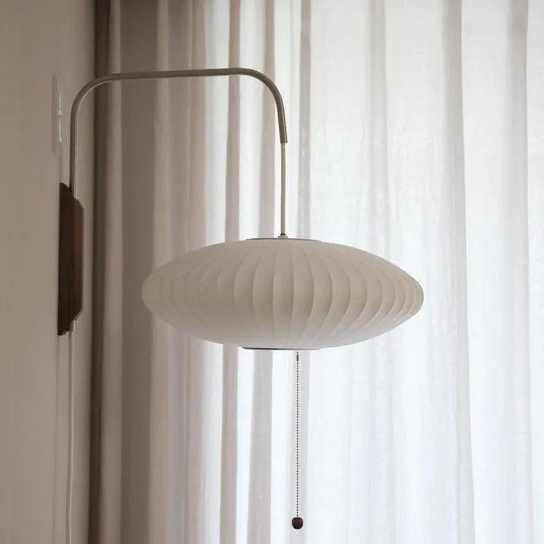 Rund vit japansk vägglampa i tyg med LED för sovrummet | boxzora