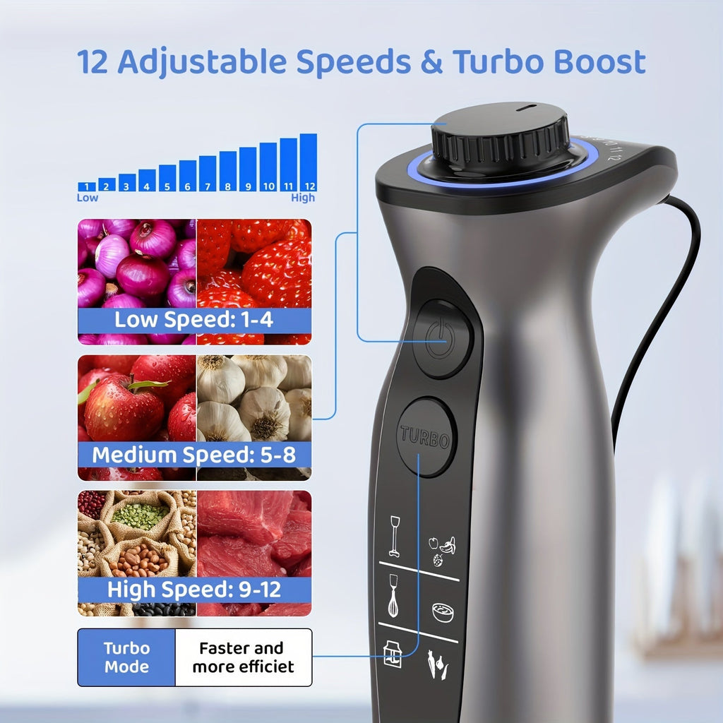 Tyčový mixér 1000W – plynulá regulace rychlosti a turbo režim, hřídel odolná proti poškrábání, tichý provoz, sekáček, šlehací metla, napěňovač mléka a odměrka