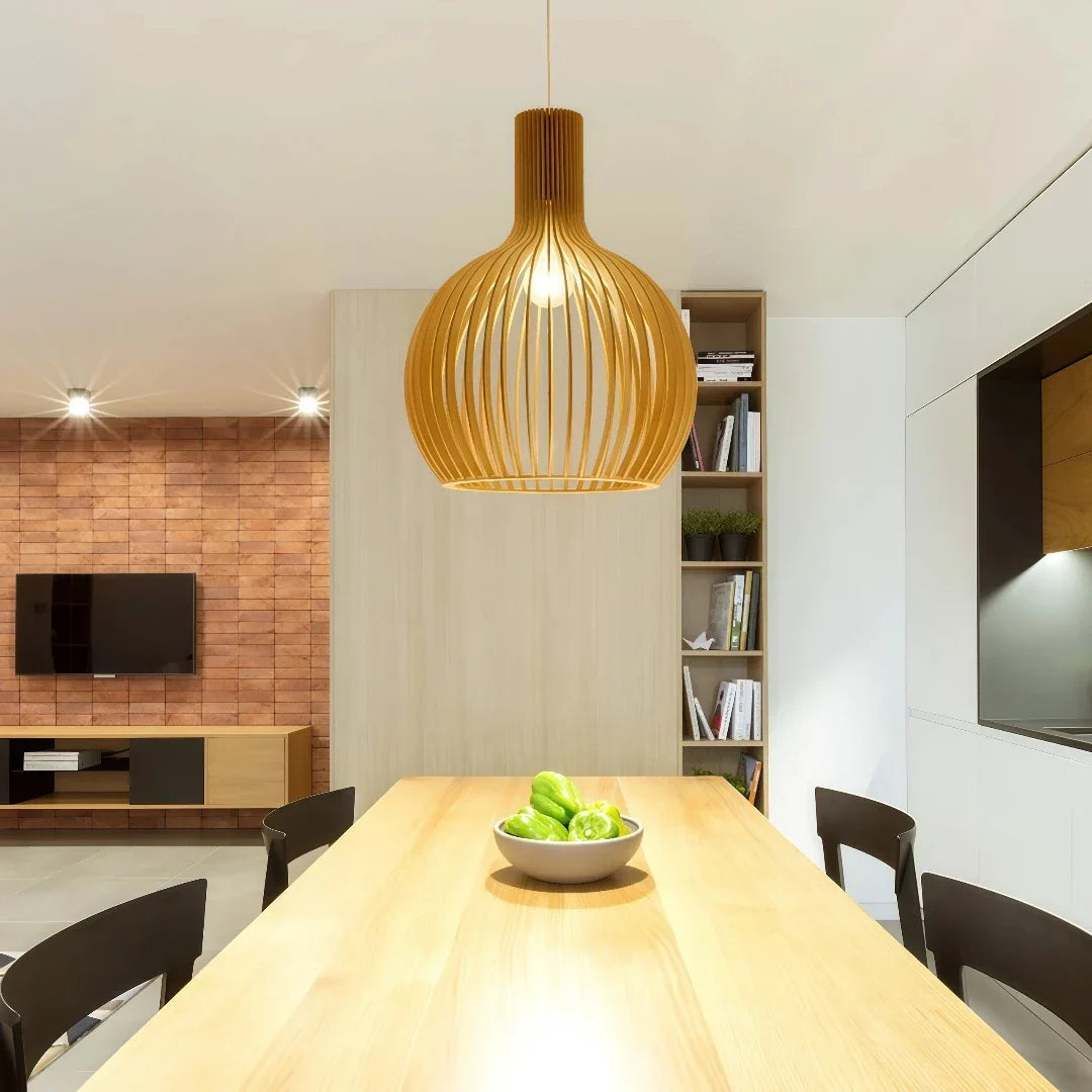 Lámpara colgante de madera nórdica con LED regulable para comedores | boxzora