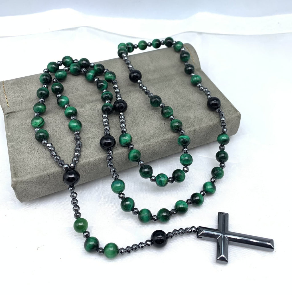 Collana con rosario da uomo Orion — Catena con perle a forma di croce in occhio di tigre e lapislazzuli