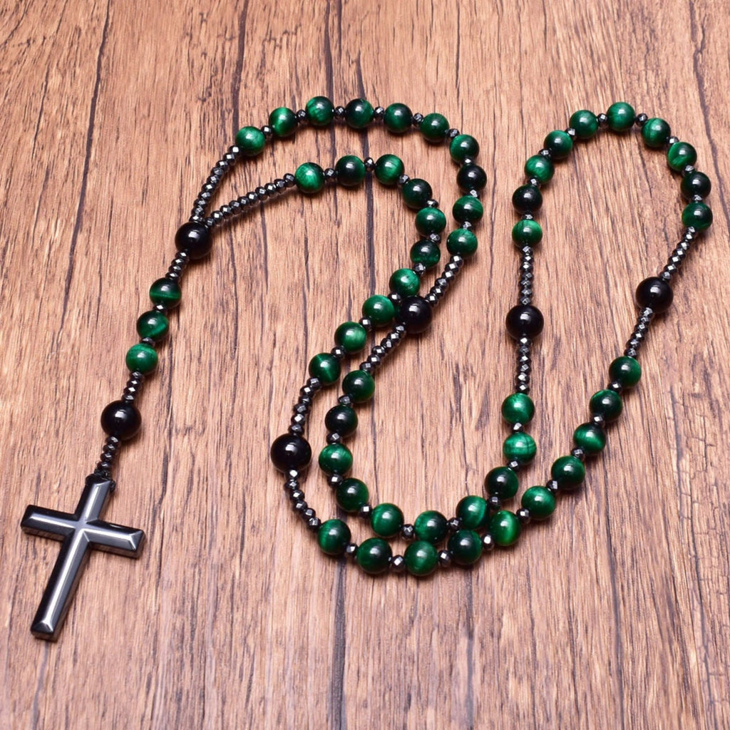 Collana con rosario da uomo Orion — Catena con perle a forma di croce in occhio di tigre e lapislazzuli