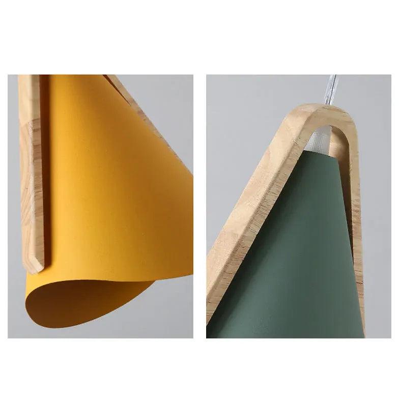 Lámpara colgante de metal y madera estilo nórdico, tipo macaron, de tres brazos | boxzora