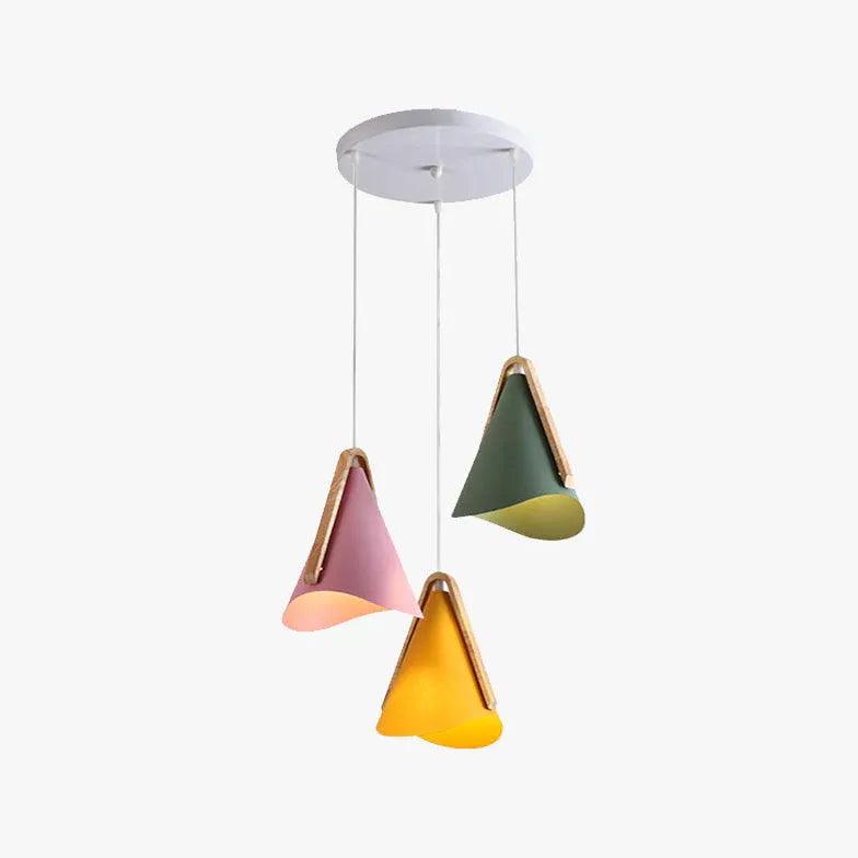 Lámpara colgante de metal y madera estilo nórdico, tipo macaron, de tres brazos | boxzora
