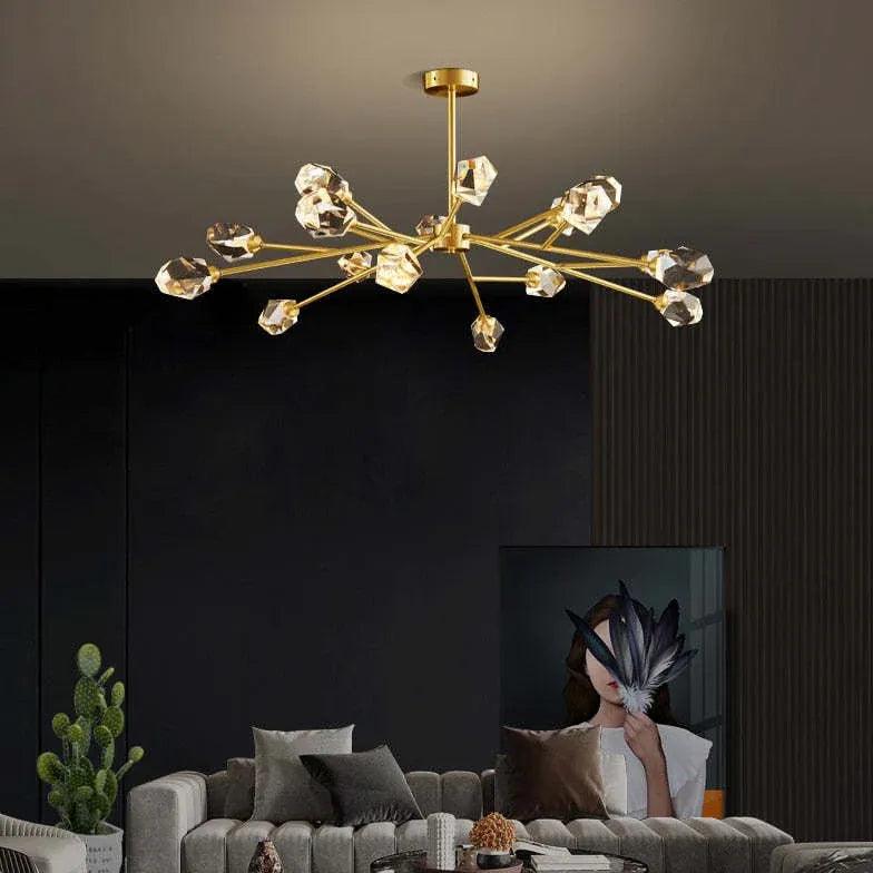 Candelabru modern din alamă și cristale, cu design molecular, pentru masa de dining | boxzora