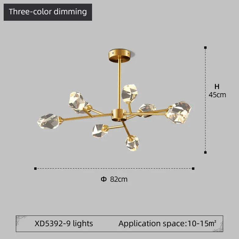 Candelabru modern din alamă și cristale, cu design molecular, pentru masa de dining | boxzora