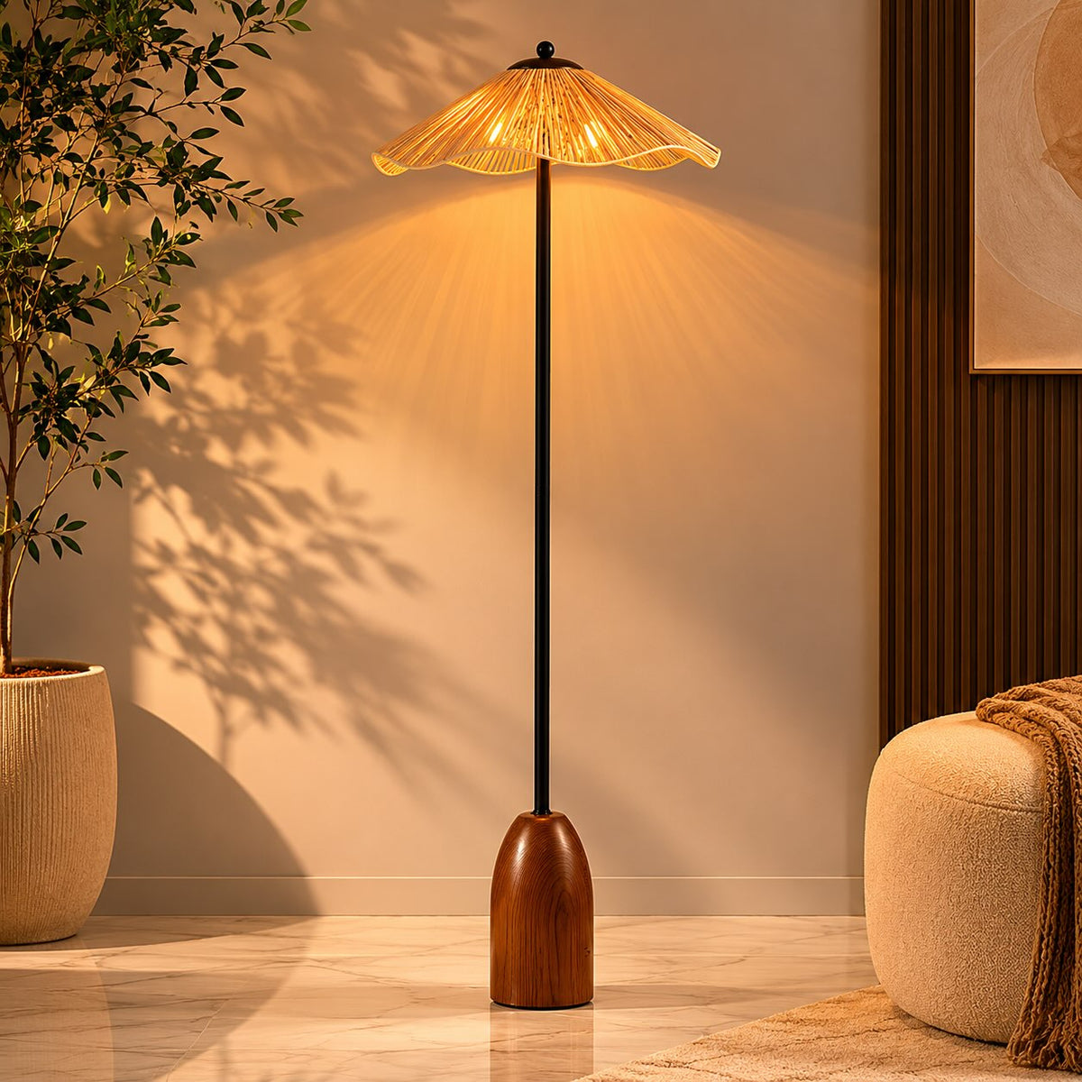 Lampada da terra moderna - altezza regolabile, paralume in rafia naturale, base in noce, luce d'ambiente dimmerabile