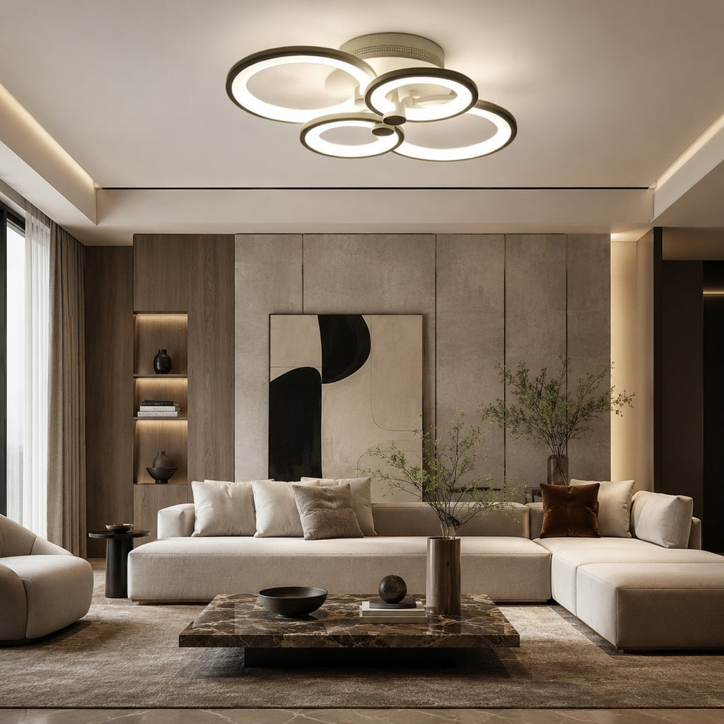 Modern Multi-Ring Flush Mount Ceiling Light — Metal & Acrylic LED Fixture, Dimmable & Adjustable