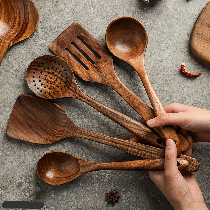 Natural Teak Wood Kitchen Set — Unique Grain Patterns