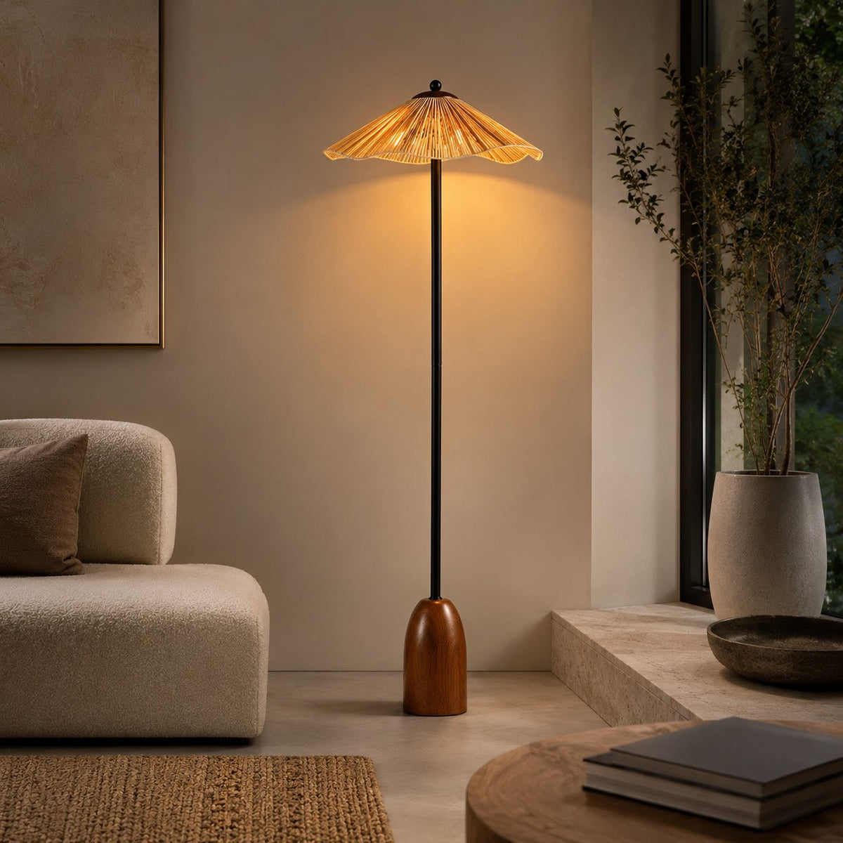 Lampada da terra moderna - altezza regolabile, paralume in rafia naturale, base in noce, luce d'ambiente dimmerabile