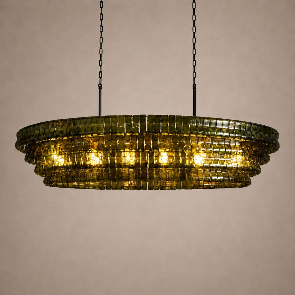 Modern oval takkrona — justerbar sänkhöjd, stålram och böjt glas, alternativ med 5 eller 12 glödlampor