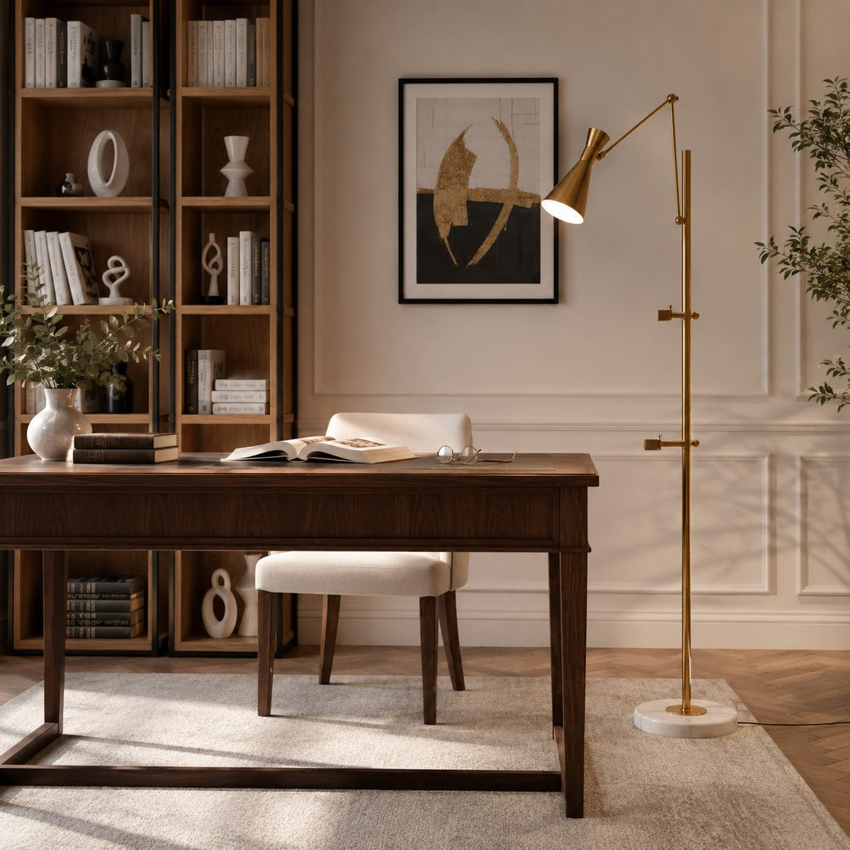 Modern Floor Lamp — Adjustable Height, Gold Metal Finish, White Marble Base
