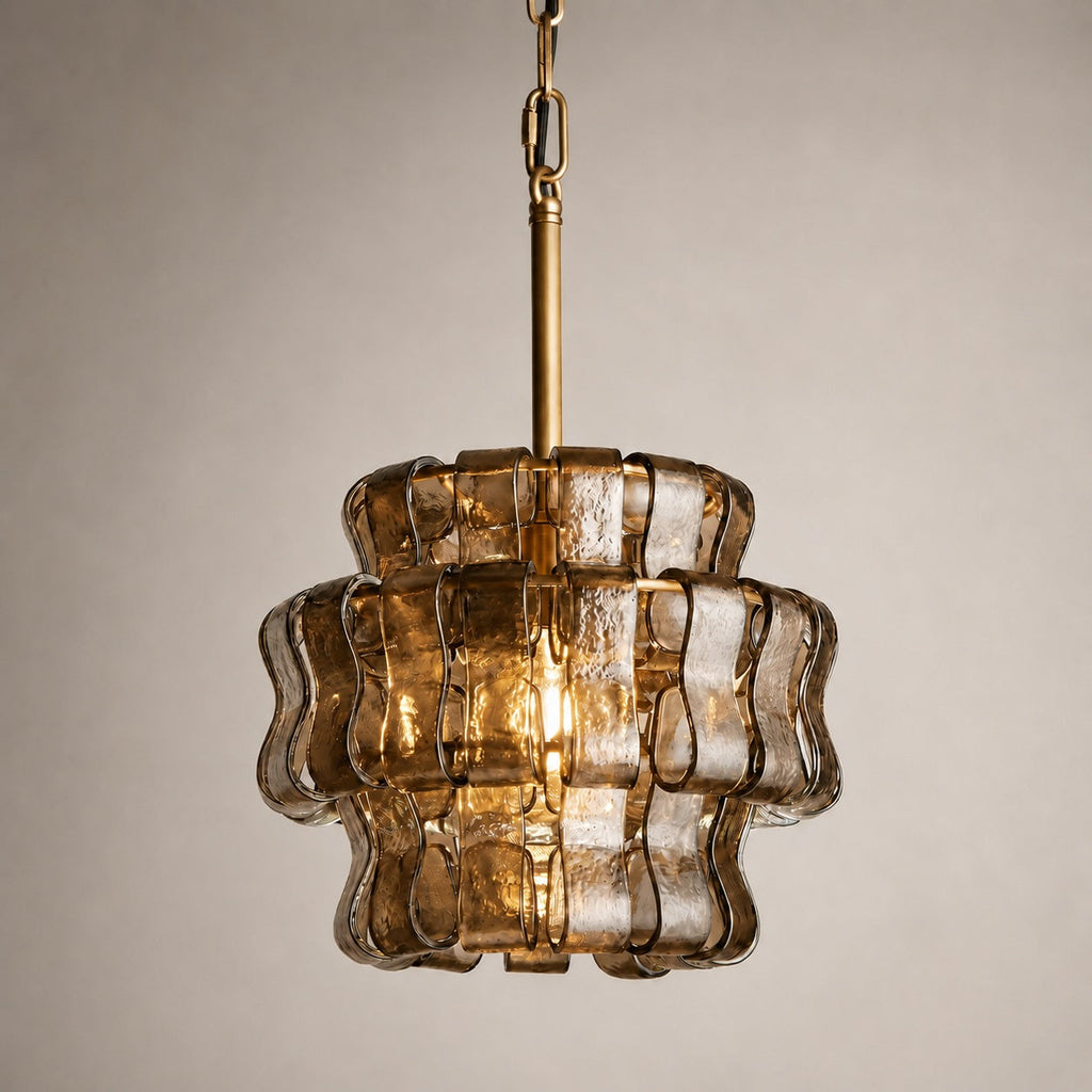 Modern Green Tiered Glass Pendant Light — Brass Hanging Fixture, Adjustable Height