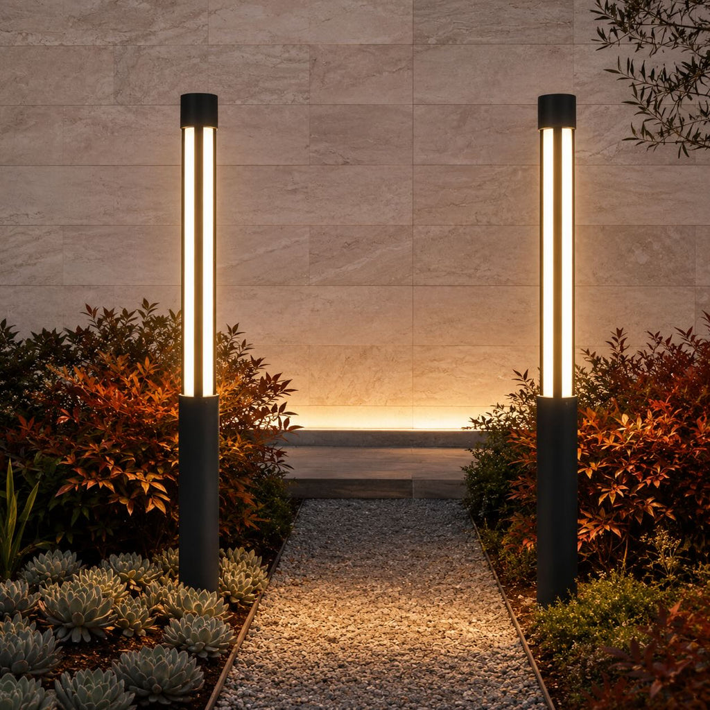 Moderne Aluminium-Pollerleuchte – Zylindrische Bodenmontage, Outdoor-LED, wasserdicht, 3000K warmweiß