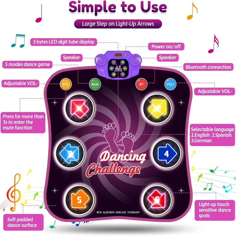 Interactive Dance Mat — 5 Challenge Levels, Built-In Games, Bluetooth Audio & LED Lighting